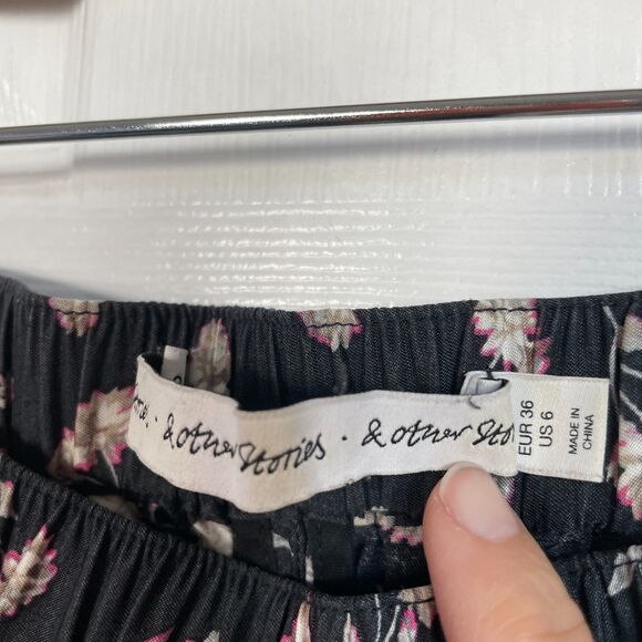& Other Stories floral navy pants viscose size 6 womens pull on elastic waist - Picture 2 of 7